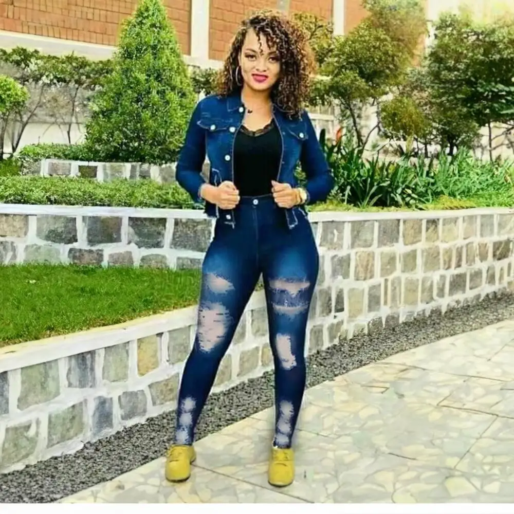 Personalizzato 2025 Casual Denim africano Set da 3 pezzi Top e pantaloni a maniche lunghe da donna con set di reggiseni Set di tute con fiori di moda