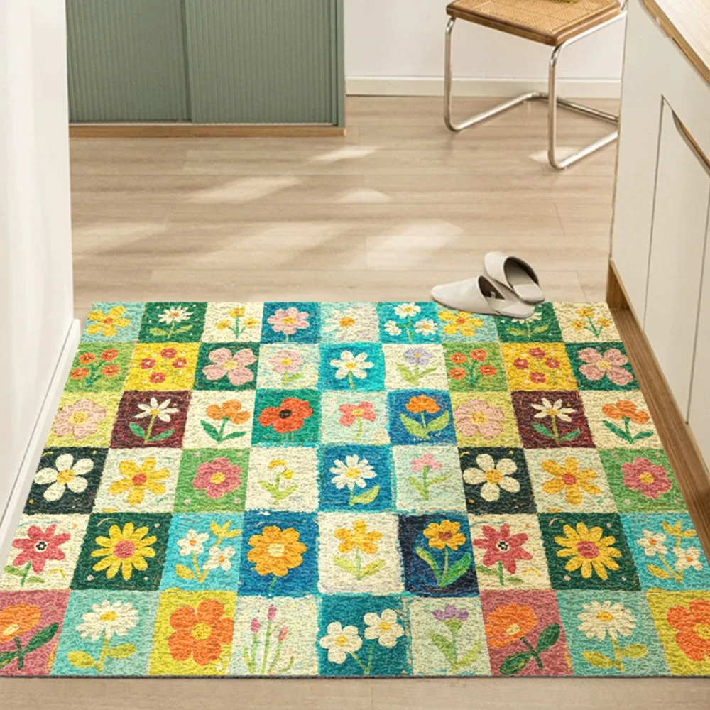 Bunter Blumen-Patchwork-Teppich, weicher Matten-Eingangsbereichsteppich mit hellen Blumenmustern für Heimdekoration, Wohnzimmer, Schlafzimmer, Tür Image