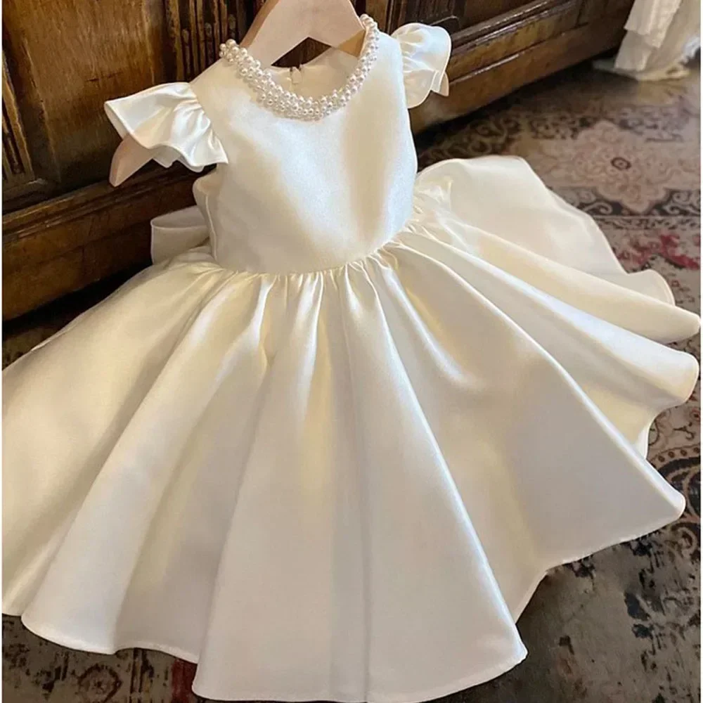 2025, Babykleider für Hochzeit, Perlenkette, Mädchen-Kinderkleid, weißes Kleinkindkleid, 1–8 Jahre, für Eids-Kleidung, eleganter Geburtstag