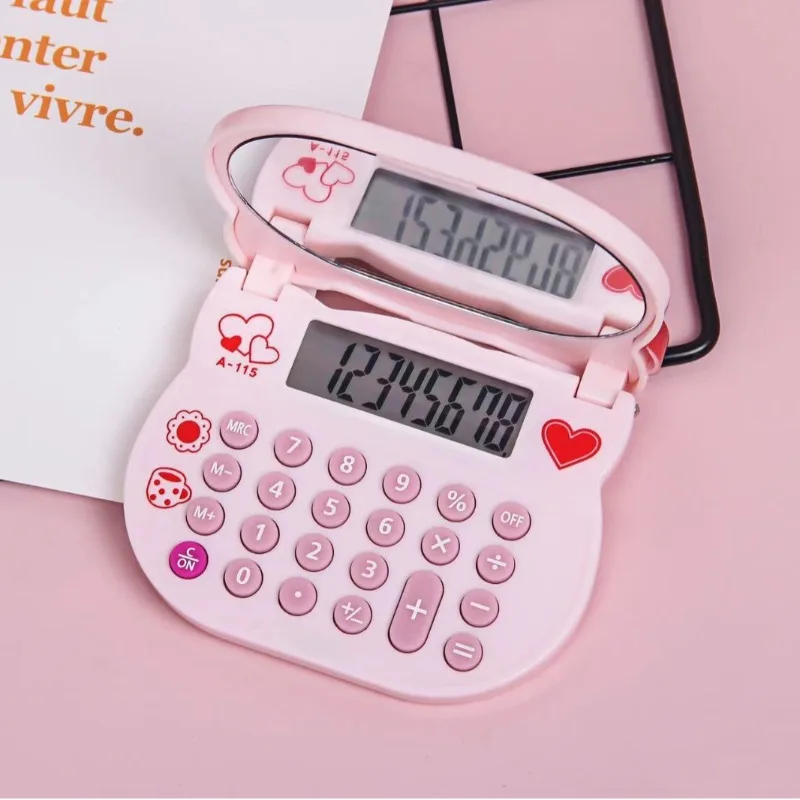 Anime Hello Kitty Styling Taschenrechner Student Kawaii Hochklappbarer Taschenrechner Cartoon Hello Kitty Schminkspiegel Mädchen Briefpapier Geschenk