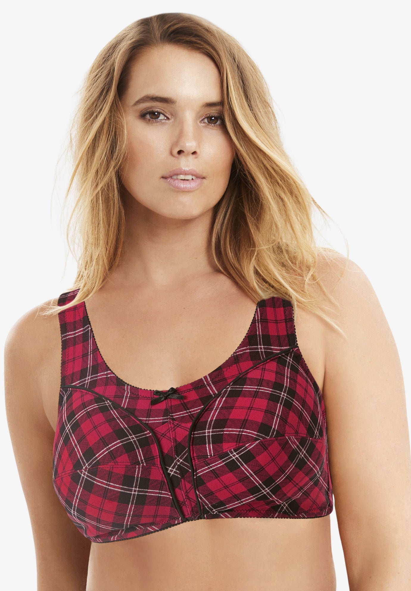 Plus Size Women's Cotton Back-Close Wireless Bra by Comfort Choice in Classic Red Plaid (Size 42 B)