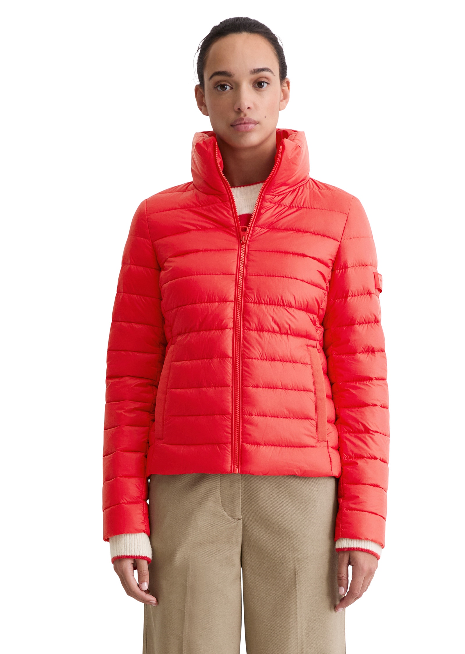 Outdoorjacke MARC O'POLO "mit recycelten Materialien", Damen, Gr. 34, bright rot, Obermaterial: 100% Polyamid; Füllung: 100% Polyester; Futter: 100% Polyamid, unifarben, slim fit, Jacken Outdoorjacke