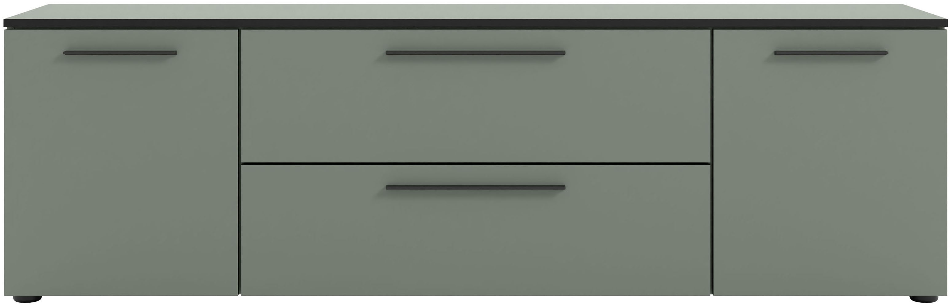 Lowboard MANJANA MÖBEL "Lowboard mit Schwarz matten Metallgriffen", schilfgrün, metall schwarz matt, B:180cm H:55cm T:40cm, Metall, Spanplatte, Sideboards, Lowboard