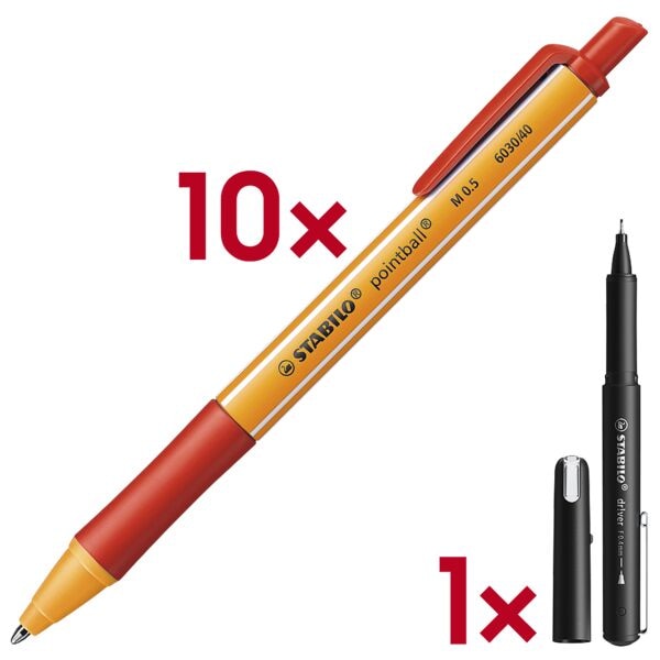 Stabilo 10x Kugelschreiber »pointball« inkl. Fineliner »dr!ver« 0,4 mm (F) schwarz rot Image