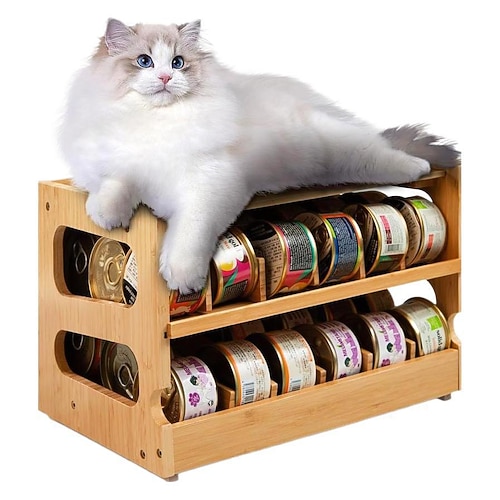 Aufbewahrungsbox für Katzenfutterbehälter, geeignet für Abstellräume, 2-stöckige, stapelbare Aufbewahrung aus Holz, geeignet für Kühlschränke, Schränke und Küchen, fasst bis zu 36 Behälter für Image