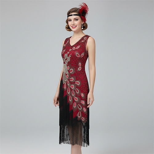 Set Goldene Zwanziger 1920er Retro Vintage Knielang Flapper Kleid Outfits Zubehörset mit Zubehör Ärmellos Der große Gatsby Hochzeitsgast Pailletten Quastenfransen Pailletten Quaste V Ausschnitt Kostüm Image