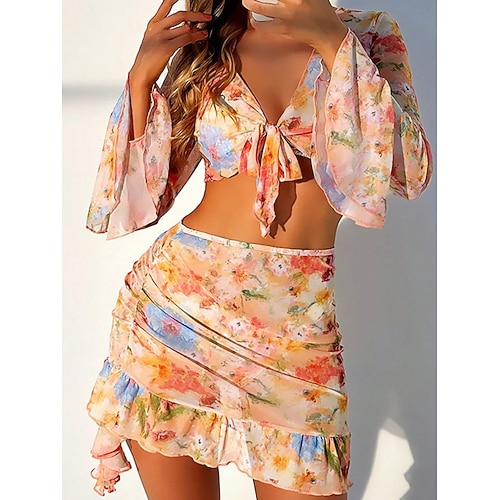 Damen Bikini Badeanzug Rock Schlank Rückenfrei Urlaub Strandmode Blumenmuster V-Ausschnitt Lange Ärmel Badeanzüge Image