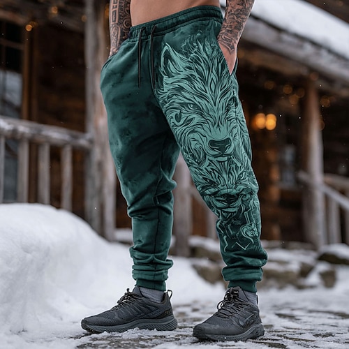 Herren Tiermotiv Wolf Wikinger Jogginghose Hose Mittlere Taille Kordelzug Elastischer Bund Vintage-Retro Outdoor Campen und Wandern Jagd Sportliche Jogginghose mit Taschen Herbst Winter 3D-Druck Blau Image