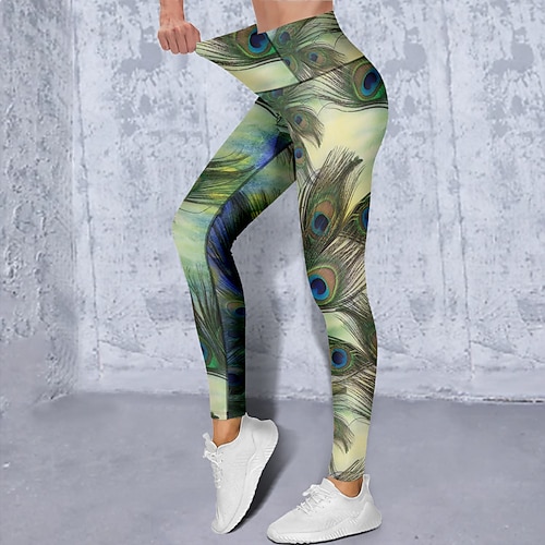 Damen Yogahose Po-Lifting Bauchkontrolle Hohe Taille Fitnesstraining Laufen Fitness Kurze Leggings Pfauenfeder Schwarz Gelb Grün Herbst Winter Sport Sportkleidung Hohe Elastizität Schmaler Schnitt Image