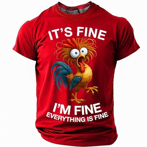 Herren-T-Shirt mit Hahn-Motiv, witzigem Slang-Aufdruck, Kurzarm, 3D-Print, Rundhalsausschnitt, modisch, alltagstauglich, Streetwear, schwarz, rot, blau, Sommer, Frühling, Größen: S, M, L, XL, XXL, XXXL Image