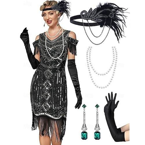 Set Goldene Zwanziger 1920er Knielang Kleid Flapper Kleid Outfits mit Zubehör Kalter Schulter-Ärmel Kurze Ärmel Der große Gatsby Charleston Pailletten Quastenfransen Feder V Ausschnitt Kostüm Damen Image