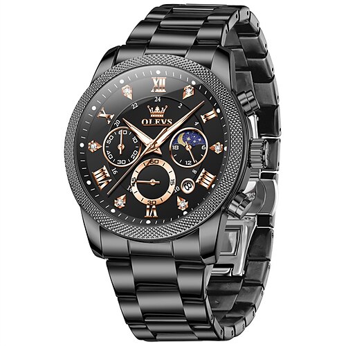 Die neue Olevs Herren-Stahlband-Business-Uhr mit Kalender kleine drei Zeiger Mondphasenanzeige multifunktionale Quarzuhr modisch lässig wasserdicht Sport Herrenarmbanduhr