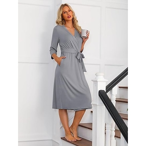 Vintatre Damen-Kimono-Bademantel, langer Strick-Bademantel, leichte, weiche Strick-Nachtwäsche, V-Ausschnitt, lässige Damen-Loungewear Image