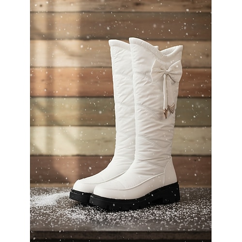 Wasserdichte, schwarze, gefütterte Damen-Schneestiefel – gestepptes Kunstleder mit Schleifendetail, warmes Futter und dicke Sohle, für Winter, Freizeit und Outdoor-Aktivitäten Image