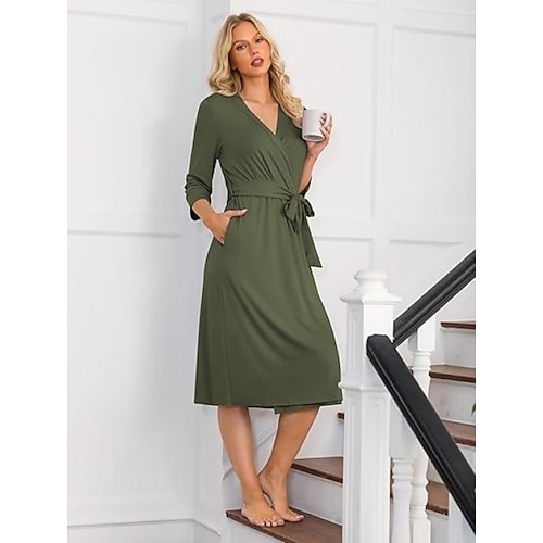 Vintatre Damen-Kimono-Bademantel, langer Strick-Bademantel, leichte, weiche Strick-Nachtwäsche, V-Ausschnitt, lässige Damen-Loungewear Image