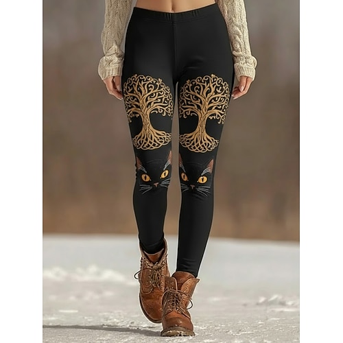 Damen Leggings Gemütliche Leggings Urlaub Vintage Ethno-Stil Volle Länge Hohe Taille Grafik Katze Drucken Bequem Dehnbar Lässig Täglich Urlaub Schwarz Gelb Grün Dunkelgrau Frühling Herbst Schmale Image