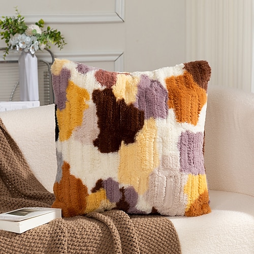 Plüschkissenbezug, weicher, mehrfarbiger Kissenbezug, dekoratives Kissen für Schlafzimmer, Wohnzimmer, Sofa, Heimdekoration, 45 x 45 cm Image