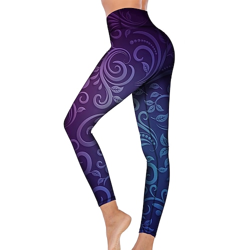 Damen Yogahose Po-Lifting Bauchkontrolle Hohe Taille Fitnesstraining Laufen Fitness Strumpfhosen Leggings Blumenmuster Purpur Herbst Winter Sport Sportkleidung Hohe Elastizität Image