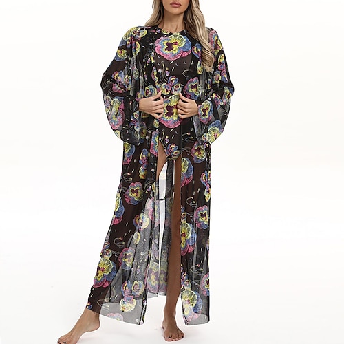 Damen Strandkleid Lange, fließende Kimono-Cardigans Grafik Boho Kurzes Bein Chiffon UV Schutz Atmungsaktiv Langarm Bademode Surfen Strand Urlaub Sommer Image