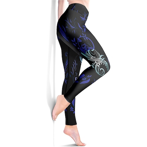 Damen Yogahose Po-Lifting Bauchkontrolle Hohe Taille Fitnesstraining Laufen Fitness Kurze Leggings Blumenmuster Schwarz Herbst Sport Sportkleidung Hohe Elastizität Image