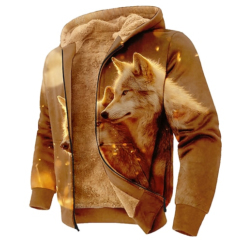 Herren Wolf Fleece Kapuzensweatshirt Pullover Mode Täglich Einfach Lässig Rundhalsausschnitt Outdoor Klettern Braun Reißverschluss Herbst Winter Designer S M L XL 2XL 3XL Image