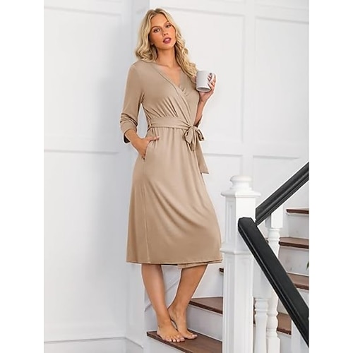 Vintatre Damen-Kimono-Bademantel, langer Strick-Bademantel, leichte, weiche Strick-Nachtwäsche, V-Ausschnitt, lässige Damen-Loungewear Image