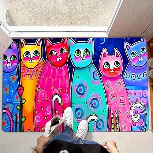 Fußmatte mit niedlichem Cartoon-Katzenmuster, strapazierfähig, schmutzabweisend und pflegeleicht, für Eingangsbereich, Flur und Wohnbereich Image