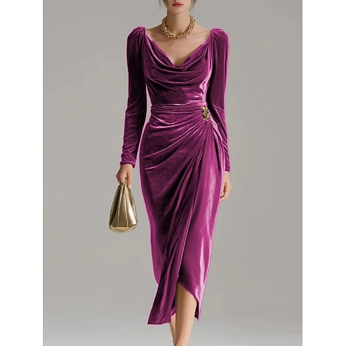 Weihnachten Damen Midikleid Etui-Kleid Elegant Party Cocktail Outdoor Party Hochzeitsgast Patchwork Schlank Einfarbig Langarm Wasserfallausschnitt Fuchsie Braun Grün Image