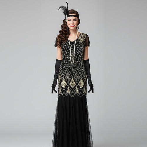 Set Goldene Zwanziger 1920er Cocktailkleid Knöchellänge Kleid Outfits Abschlussballkleid mit Zubehör Kurze Ärmel Der große Gatsby Übergrössen Hochzeitsgast Quastenfransen Quaste V Ausschnitt Kostüm Image