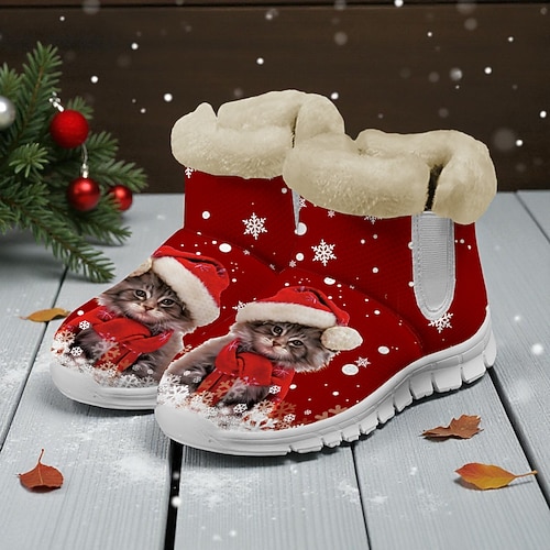 Warme, flauschige Damenstiefel mit niedlichem Weihnachtsmann- und Katzenmotiv – kuscheliger Winterstil, rutschfeste, leichte Sohle, perfekt für Weihnachtsfeiern, Spaziergänge im Freien, Freizeit und als Weihnachtsgeschenk Image