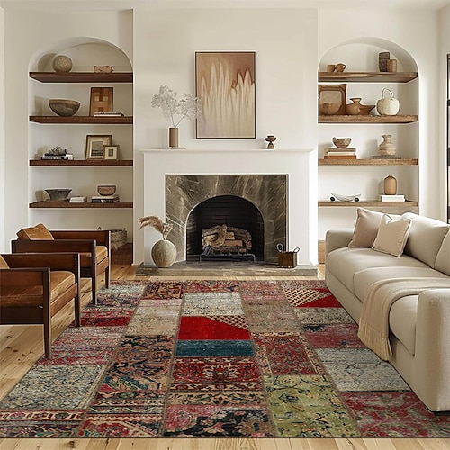 Vintage-Patchwork-Teppich, weicher Stoff, Imitationsteppich, stilvolles Wohnzimmerdekor, Boutique-Laden-Fußmatte, Heim-, Arbeits-, Balkon-Akzentteppich, strapazierfähig, pflegeleicht Image