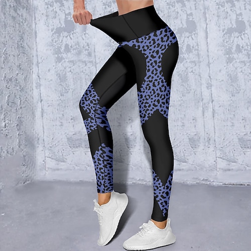 Damen Yogahose Po-Lifting Bauchkontrolle Hohe Taille Fitnesstraining Laufen Fitness Kurze Leggings Leopard Geometrie Pfauenblau Schwarz Gelb Herbst Winter Sport Sportkleidung Hohe Elastizität Image