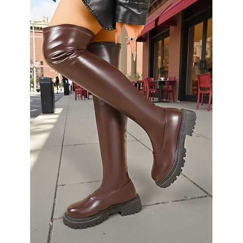 Rote, klobige Oberschenkelstiefel für Damen – glattes Kunstleder mit Plateausohle für Alltag, Streetstyle und Herbst/Winter Image