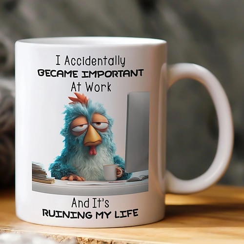 Lustige Geschenktasse: „Ich bin versehentlich wichtig im Büro geworden und das ruiniert mein Leben." Witzige Kaffeetasse mit Spruch für Kollegen. Image