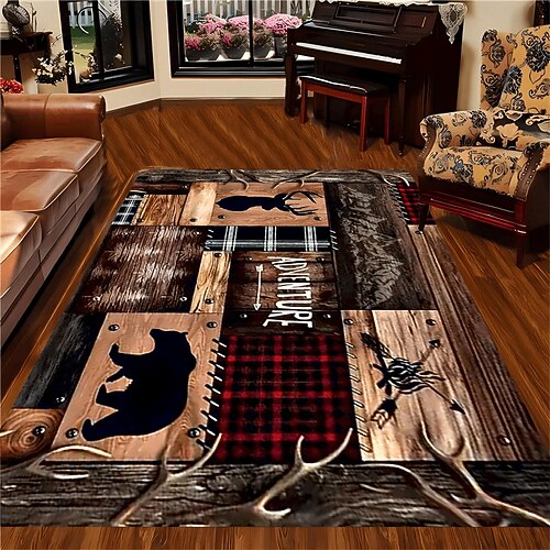 Teppich im amerikanischen Landhausstil, rustikales Vintage-Design mit Bärenmuster, strapazierfähig und fleckenabweisend, für Wohnzimmer, Schlafzimmer, Hütten- und Heimdekoration Image