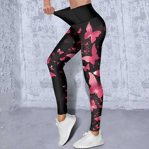 Damen Yogahose Po-Lifting Bauchkontrolle Hohe Taille Fitnesstraining Laufen Fitness Kurze Leggings Schmetterling Gelb Rot Blau Herbst Winter Sport Sportkleidung Hohe Elastizität Schmaler Schnitt Image