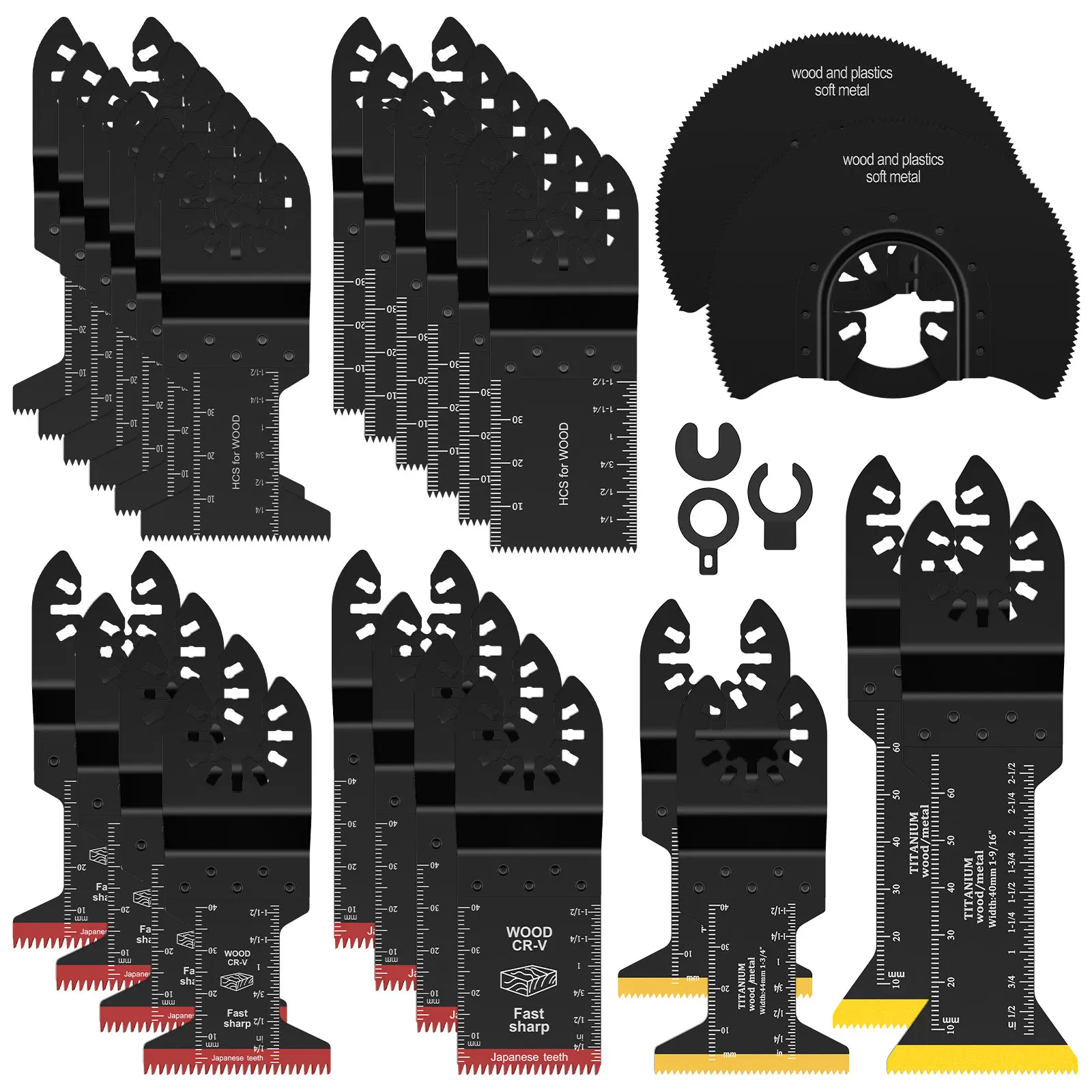 Oszillierendes Sägeblatt-Set, 10/18/26-teilig, universelles oszillierendes Titan-Bimetall-Multitool-Klinge mit 3 Adaptern für Holz-PVC-Schneider Image
