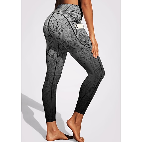 Damen Pilates-Leggings Fitnesshose Lässige Leggings Taschen Stempelsteuer Patchwork Pilates Fitnessstudio Fitnesstraining Hosen Strumpfhosen Leggings Blumenmuster Farbverläufe Abstrakt Dunkelgrau Image