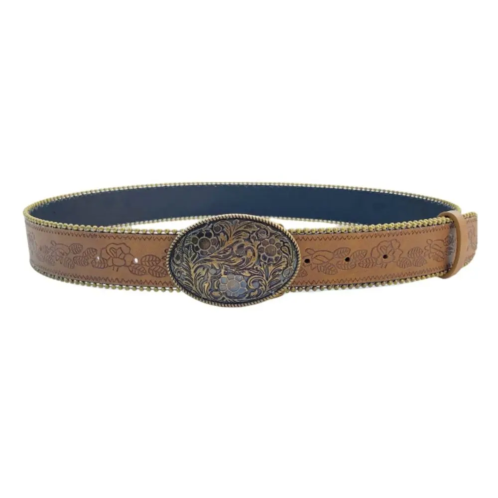 Damengürtel aus PU-Leder, verstellbar, Vintage-Western-Cowboy-Gürtel, Boho-Braun, ländlicher Gürtel mit gravierter Schnalle für Jeans, Hosen, Kleider Image