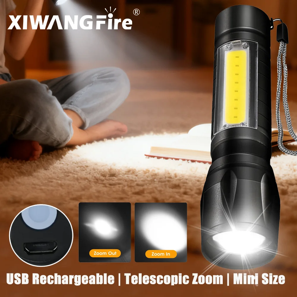 Mini-LED-Taschenlampe, COB + XPE, tragbare Taschenlampe, USB-Aufladung, Camping-Laterne, zoombare Leselampe, taktische Taschenlampe mit Stiftclip