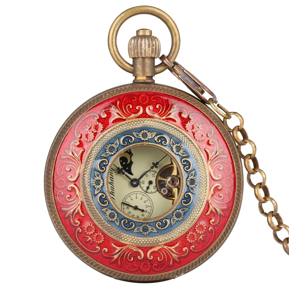 Tourbillon mechanische Automatik-Taschenuhr aus Kupfer, hohl, rot, blau, Blumenmuster, Dekor, luxuriöser Vintage-Anhänger-Uhr