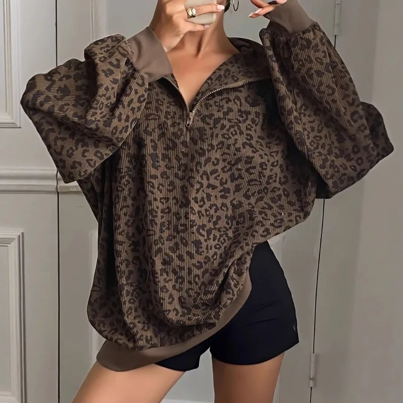 2022 herbst Neue Retro Leopard Muster Stehkragen Mantel für Frauen Frühen Herbst Design Lose Medium Länge Hoodie Trendy Image