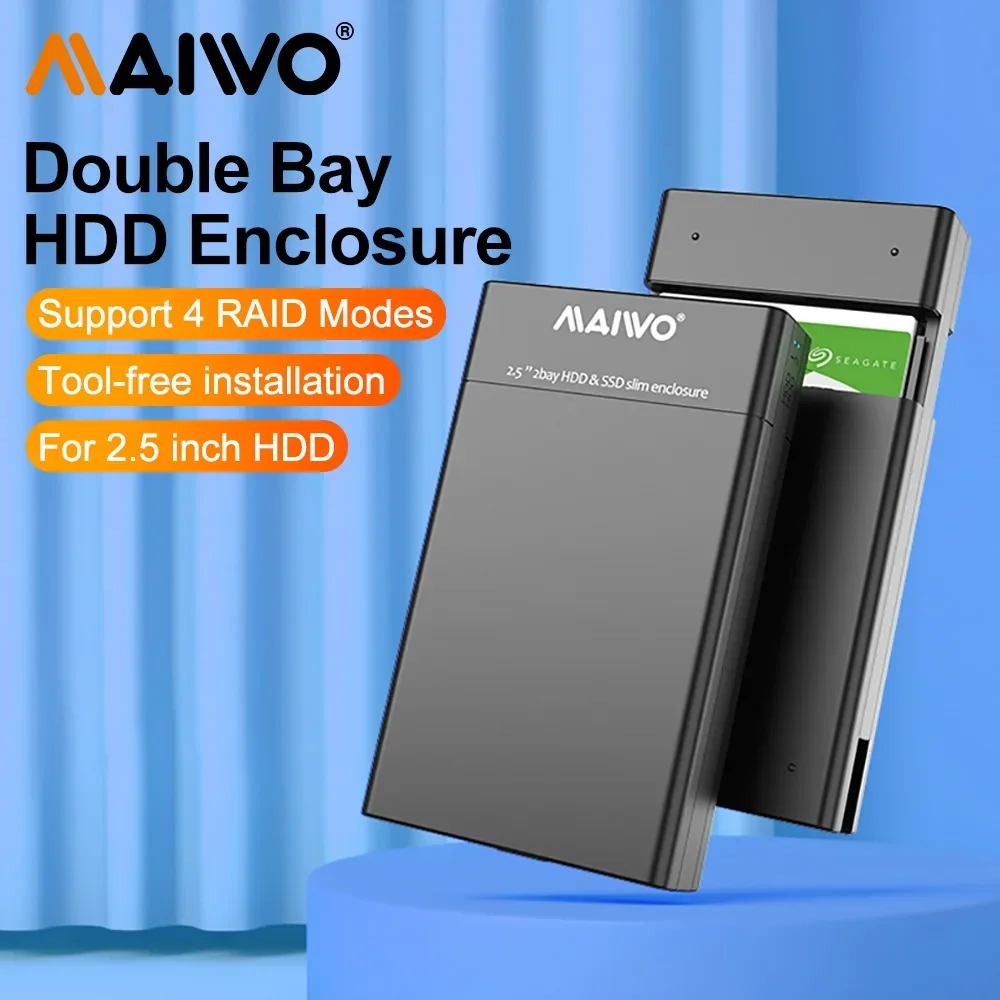 MAIWO 2.5 pouces boîtier de disque dur externe double baie boîtier de disque dur SSD pour réseau de disque dur SATA avec 4 fonctions RAID boîtier PC