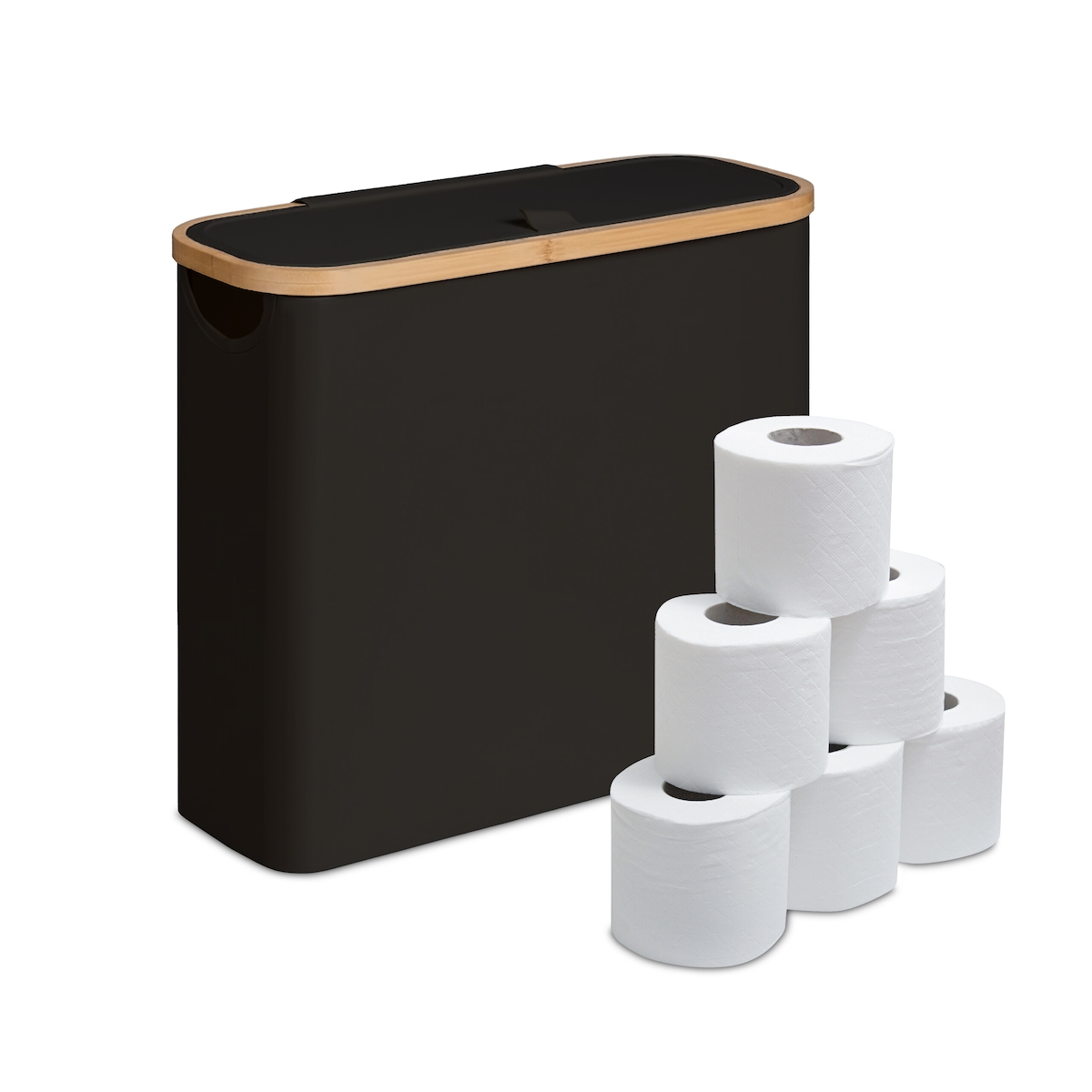 Relaxdays Toilettenpapier Aufbewahrung, 12 Rollen, HBT: 38 x 43 x 17 cm, Stoff, Bambus, Klopapier Korb, Vorrat, schwarz Image