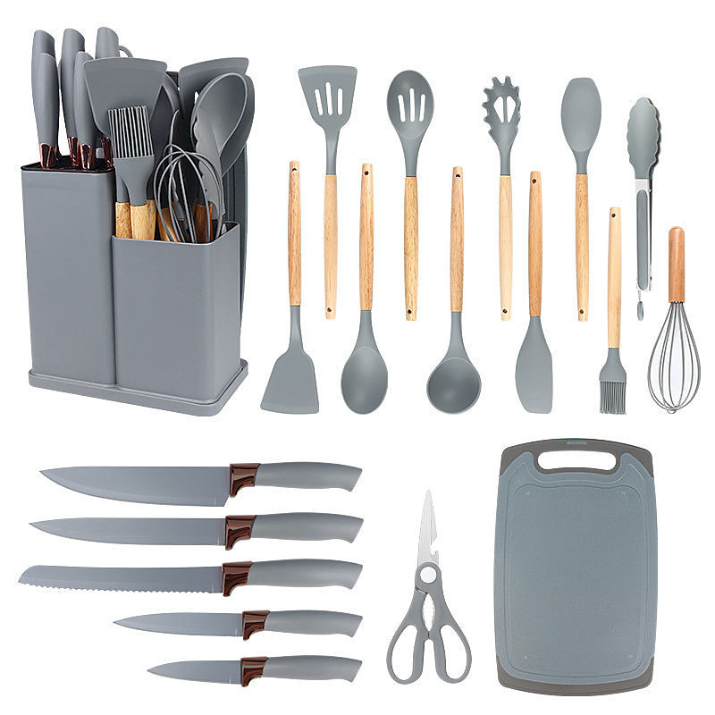 A 19-piece kitchen cookware and knife set with building blocks, including an 11-piece silicone cookware set, 5 sharp stainless steel chef's knives, mixing tongs, and a cutting board