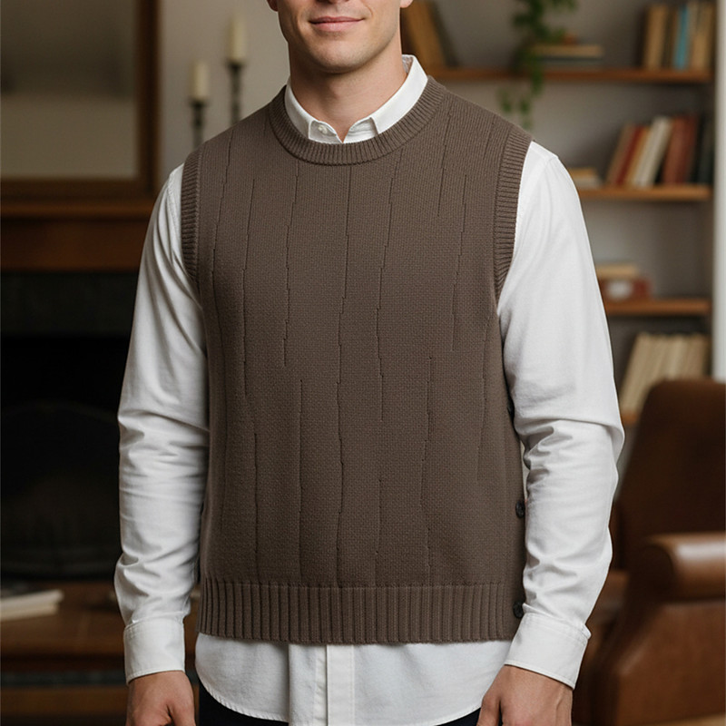 Men's Sweater Vest Dress Sweater Pullover Sweater Jumper Vest Knit Sweater Ribbed Knit Regular Tops Knitted Plain Crew Neck Fashion Casual Vacation Daily Wear Clothing Apparel Fall Winter Brown Khaki
