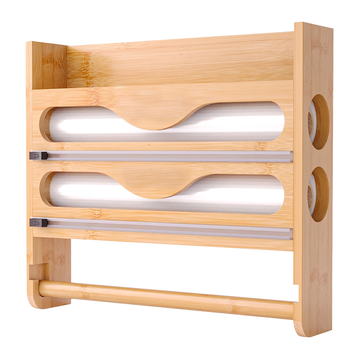 Relaxdays Wandrollenhalter 3 in 1, für Küchenrolle, Alufolie, Frischhaltefolie, Bambus, HxBxT: 27 x 35 x 7 cm, natur Image