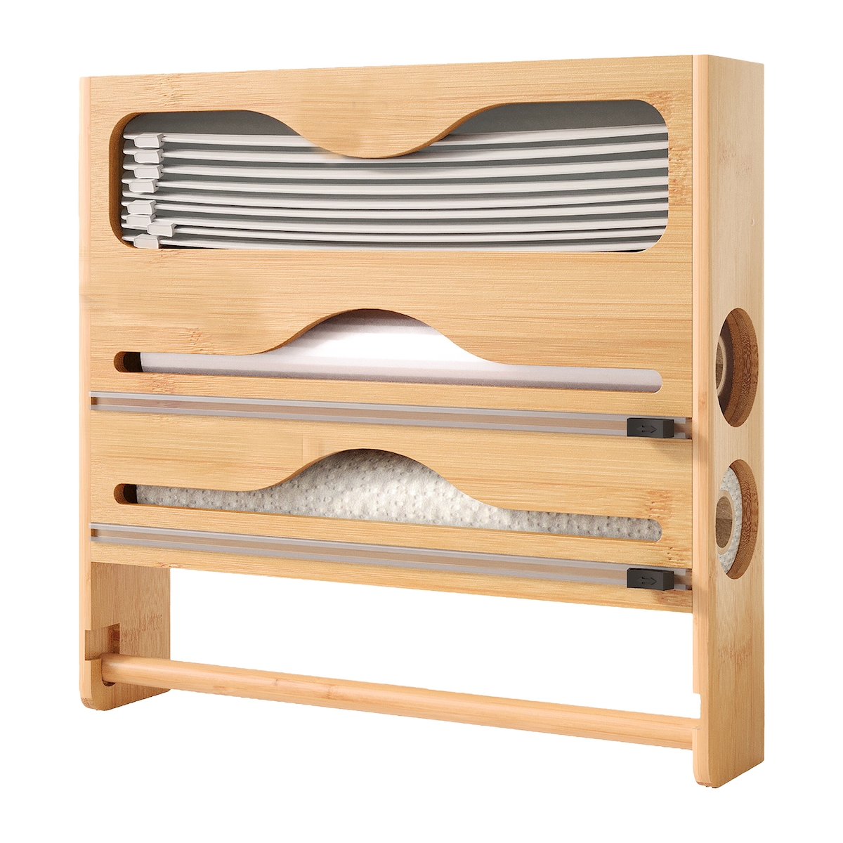 Relaxdays Wandrollenhalter 4 in 1, Küchenrolle, Frischhalte-, Alufolie, Gefrierbeutel, Bambus, HBT: 33x34,5x7 cm, natur Image