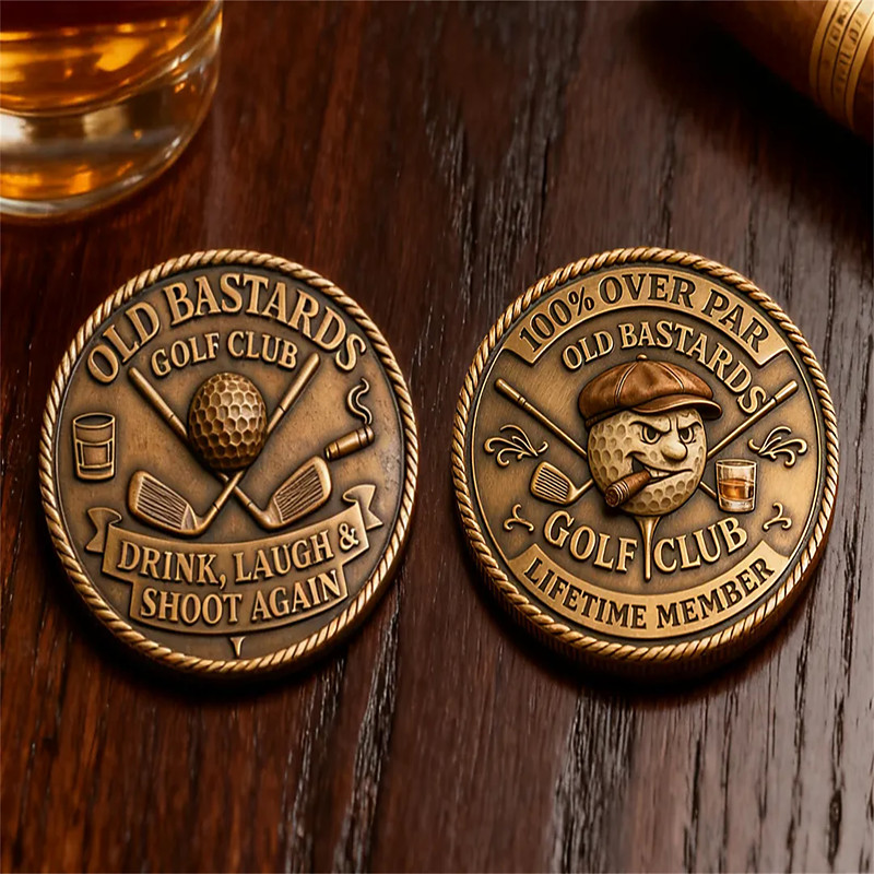 Over Par Old Bastards Golf Coin, Funny Golf Challenge Coin for Men with Whiskey Design, Lifetime Golfs Club Member Coins, Gag Gift for Golfs Player and Lover