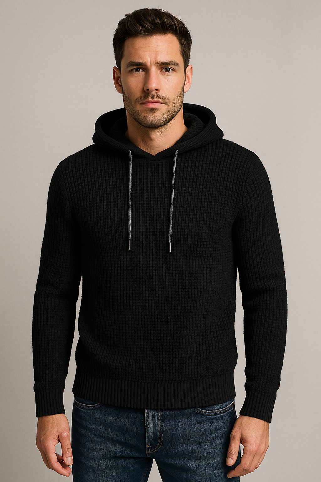 Kapuzenpullover JACK & JONES "JJLINK KNIT HOODIE", Herren, Gr. XS, schwarz, Strick, Obermaterial: 74% Polyacryl, 26% Baumwolle, unifarben, regular fit normal, Pullover Kapuzenpullover